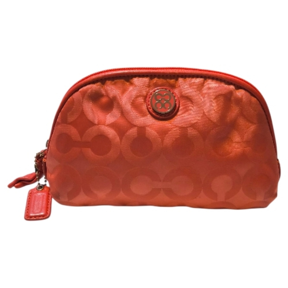 Coach Signature C Sateen Cosmetic Bag in Salmon Orange with Mini Hang Tag